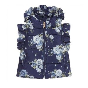 MONNALISA blue floral ruffled hooded floral puffer vest, size 8